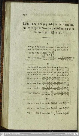 Tafel der vorzüglichsten trigonometrischen Funktionen zwischen zweier beliebigen Winkel