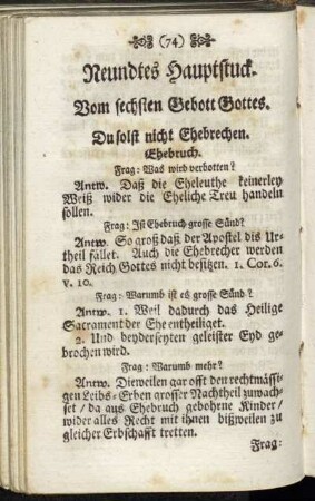 Neundtes Hauptstuck. Vom sechsten Gebott Gottes. Du solst nicht Ehebrechen