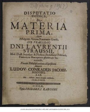 Disputatio Physica, De Materia Prima