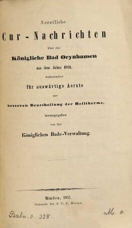 Ärztliche Cur-Nachrichten über das Königliche Bad Oeynhausen aus dem Jahre ... : insbesondere für auswärtige Ärzte. 1851