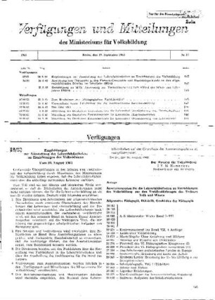 Empfehlungen zur Ausstattung der Lehrerbibliotheken an Einrichtungen der Volksbildung : 53/63 vom 20. August 1963 ; [Verfügungen]