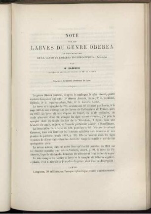 Note Sur Les Larves Du Genre Oberea