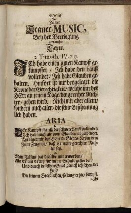 Die Zu der Trauer-Music, Bey der Beerdigung gebrauchte Texte.
