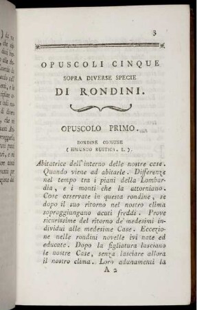 OPUSCOLI CINQUE SOPRA DIVERSE SPECIE. OPUSCOLO PRIMO.