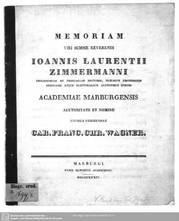 Memoriam ... Joannis Laurentii Zimmermanni ... commendat Car. Franc. Chr. Wagner