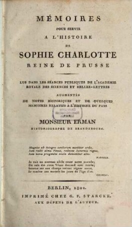 Mémoires pour servir à l'histoire de Sophie Charlotte, reine de Prusse