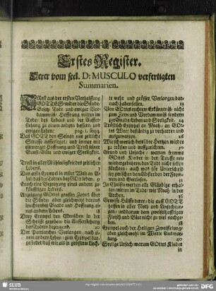 Erstes Register. Derer vom seel. D: Musculo verfertigten Summarien