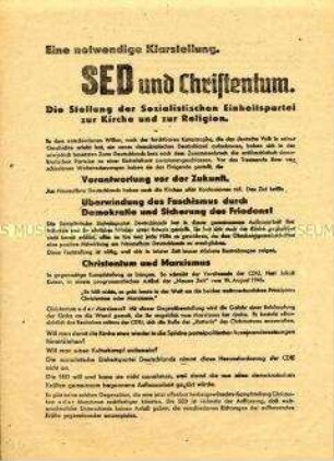 Propagandaflugblatt der SED über ihre Haltung zum Christentum