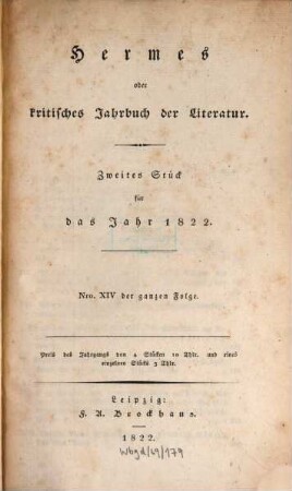 Hermes oder kritisches Jahrbuch der Literatur. 1822,2