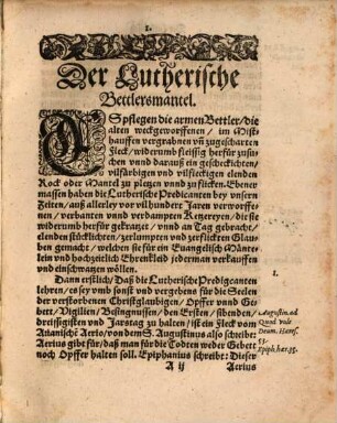 Der Lutherische Bettler-Mantel : Hie sitzt ein Bettler auff dem Stock, Von vilen Flecken ist sein Rock, Bedeut deß Luthers gflickte Lehr, Von alten Ketzern kompt sie her ...