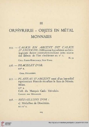 III. Orfèvrerie – Objets en Métal – Monnaies