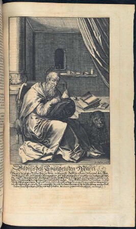 Das Bildnis deß Evangelisten Lucae. Kupferstich nach Seite 78 (Neues Testament) aus: Biblia, Das ist Die gantze Schrifft, Altes vnd [und] Newes Testaments Teutsch D. Martin Luthers : von etlichen reinen Theologen, dem eigentlichen Wortverstand nach erkläret .... ... Bericht von der Vergleichung der Jüdischen vnd [und] Biblischen Monden, Maß, Gewicht vnd [und] Müntz mit den Vnserigen [Unserigen] : ... Beschreibung der Stadt Jerusalem ... Landtafeln ... Bericht von der Augspurgischen Confession sambt den Artickeln der Confession selbsten, wie sie in dem rechten Original, som im Jahr 1530. Kaiser Carl dem Fünfften überantwort worden ... . Nürnberg : Endter, 1652 [erschienen] 1653 Dresden: SLUB Mscr.Dresd.g.30.m