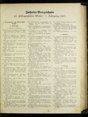 Inhalts-Verzeichnis zur "Pädagogischen Woche" - 1. Jahrgang, 1905