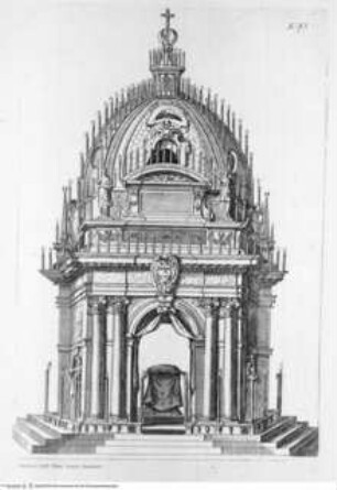 Regola de' Cinque Ordini d'Architettura (polygl.). Di M. Giacomo Barozzio da Vignola. Con la nuova aggionta di Michael-Angelo Buonaroti., Tafel XXI (Folio 70): Tabernakel?....