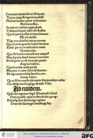 Quam tibi regnator supernum Rheinarde salutem ferre potest, optat nostra thalia quoque...