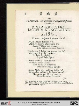 D. Neo - Doctorem Jacobum Klingenstein, Ode Alcaica: Lemma. Aspirat fortuna labori