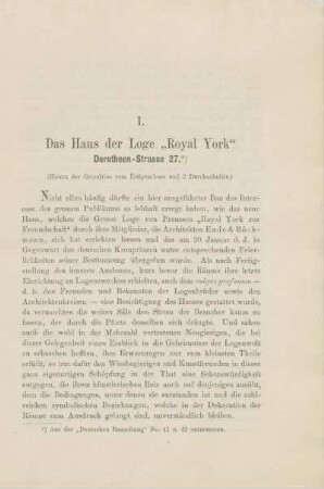 I. Das Haus der Loge "Royal York". Dorotheen-Strasse 27