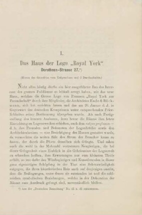 I. Das Haus der Loge "Royal York". Dorotheen-Strasse 27