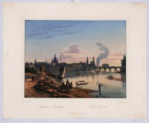 Stadtansicht von Dresden, Blick vom Ausschiffungsplatz am linken Elbufer auf die Altstadt, im Vordergrund Angler, Fähren, Flößer und Schiffstreidler