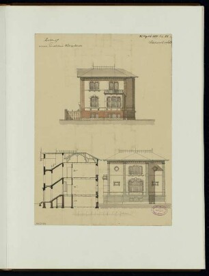 Ländliches Wohnhaus, Berlin-Lichterfelde Monatskonkurrenz April 1881: Aufriss Straßenansicht, Seitenansicht, Querschnitt; Maßstabsleiste