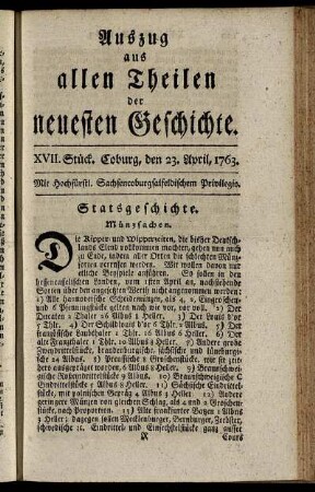 XVII. Stück. Coburg, den 23. April, 1763.