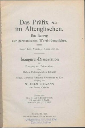 Das Präfix uz- im Altenglischen : ein Beitrag zur germanischen Wortbildungslehre ; Erster Teil: Nominal-Komposition