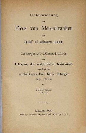 Untersuchungen der Faeces von Nierenkranken auf Harnstoff und Kohlensaures Ammoniak
