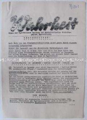 Hektografiertes Mitteilungsblatt der SED Westberlin (SEW) zur Rechtfertigung der Maßnahmen der DDR zur Grenzsicherung ("Mauerbau")