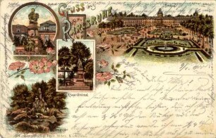 Postkartenalbum August Schweinfurth mit Karlsruher Motiven. "Gruß aus Karlsruhe - Scheffel-Denkmal - Kriegerdenkmal - Schloss - Nymphengruppe"