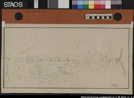 Grenze zwischen Lohner und Dahlumer Feldmark. Beiderseits der Grenze topographische Angaben. Rückseite "ad causam Woesten contra Dahlem" Ausf.-Art: Farbige Zeichnung Herst.: H. Elberfeld (Eberfeld?) Format: 25 x 51 cm Maßstab: 1 : 1500
