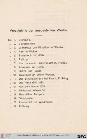 Verzeichnis der ausgestellten Werke (Nr.1-41)