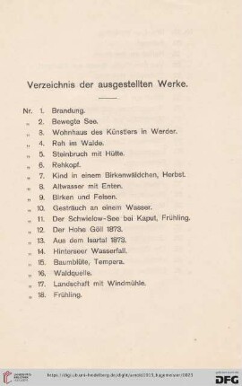 Verzeichnis der ausgestellten Werke (Nr.1-41)