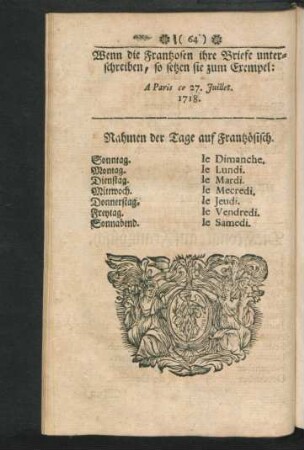 Nahmen der Tage auf Frantzösisch.