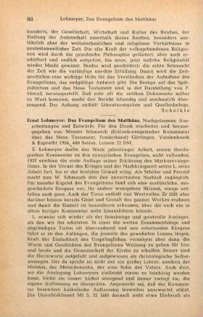 88-89 [Rezension] Lohmeyer, Ernst, Das Evangelium des Matthäus
