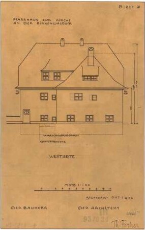 Fischer, Theodor; Stuttgart; Erlöserkirche - Pfarrhaus Westseite (Ansicht)