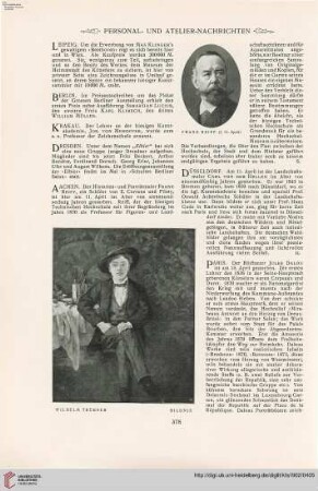 Personal- u. Atelier-Nachrichten - Von Ausstellungen – Denkmäler - Vermischtes - Kunstlitteratur