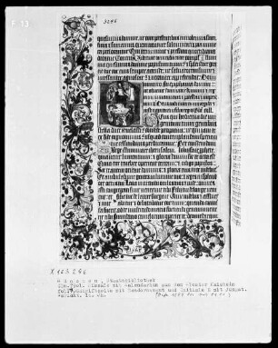 Missale mit Kalendarium aus Kloster Kaisheim — Buchseite mit historisierter Initiale und Bordüre, Folio 27verso — Initiale E, darin das Jüngste Gericht, Folio 27verso