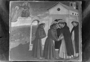 Drei Teile einer Predella — Die Begegnung der Heiligen Dominikus und Franziskus