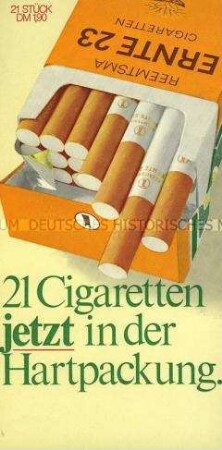 Werbeschild für "Ernte 23"-Zigaretten