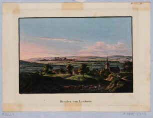Blick auf Dresden von Leubnitz-Neuostra aus (südöstlich von Dresden) mit der Leubnitzer Kirche, aus Richters "30 Mahlerischen An- und Aussichten von Dresden ..."