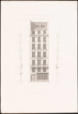 Maison, Quai des Ormes, Paris: Ansicht, Fassadenschnitte vertikal (aus: Motifs historiques d´architecture et de sculpture d´ornement, hrsg.v. César Daly, Bd.2, 1870)