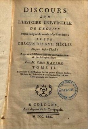 Discours sur l'histoire universelle de l'église, 2