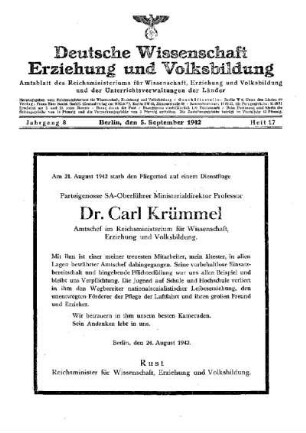 [Todesanzeige Dr. Carl Krümmel]