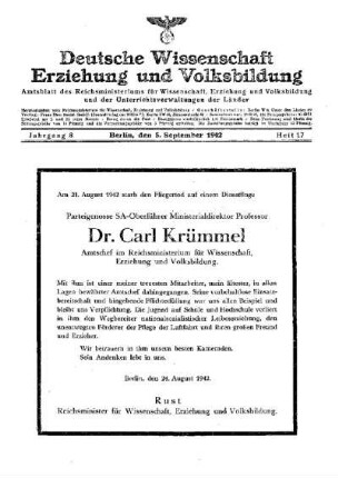 [Todesanzeige Dr. Carl Krümmel]