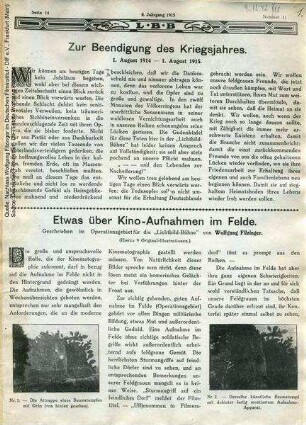 Artikel "Etwas über Kinoaufnahmen im Felde", Lichtbild-Bühne Nr. 31, 1915.