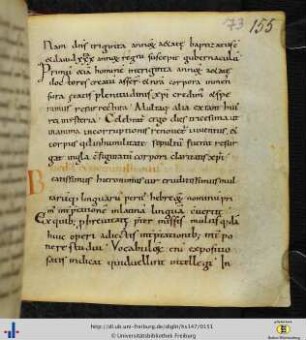 [73r - 75r] Excerptum ex Etymologiis Isidori Hispalensis (Lib. 7, Cap. 1, 1-17).