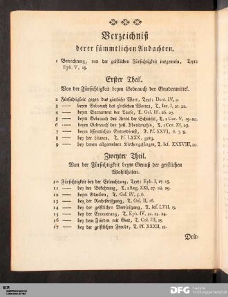 Verzeichniß derer sämmtlichen Andachten.