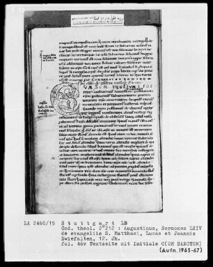 Augustinus, Sermones 64 de evangeliis Sancti Matthaei, Lucae et Joannis — Initiale C (um sanctum) mit Drache und Greif, Folio 46verso