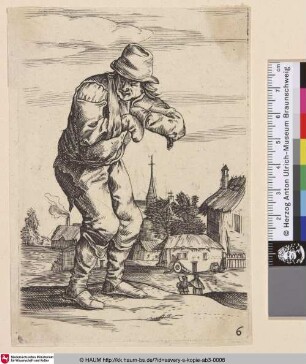 [Bettler nach links gewandt vor einem Dorf; Standing beggar turned to left before a village]