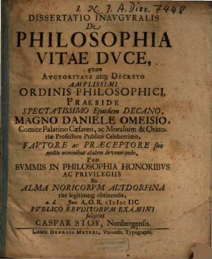Dissertatio Inavgvralis De Philosophia Vitae Dvce